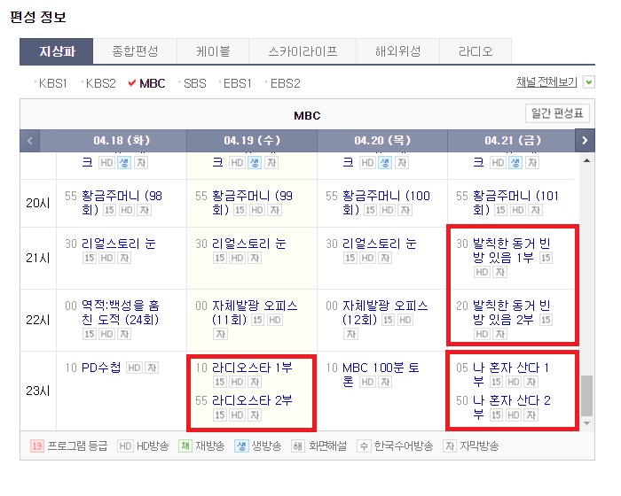 ▲ MBC 주간 편성표. 주요 예능 프로그램이 1부와 2부로 나뉘어 있다.