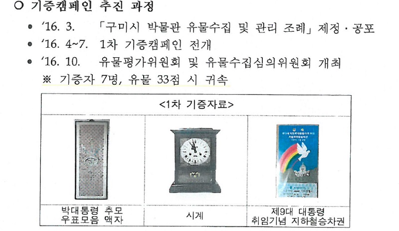 ▲ 구미시가 기증 캠페인을 벌여 받은 박정희 전 대통령 유물.