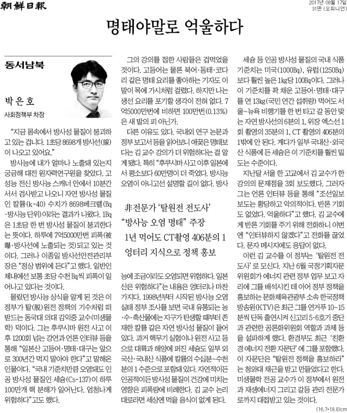 ▲ 조선일보 2017년 8월17일자 31면