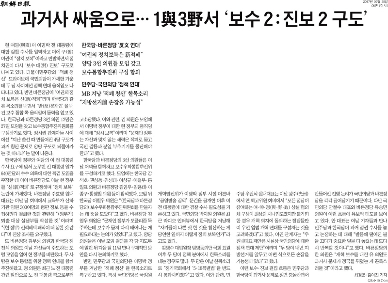 ▲ 조선일보 2017년 9월29일자 6면 머리기사