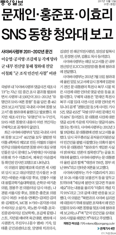▲ 중앙일보 12일자 1면.