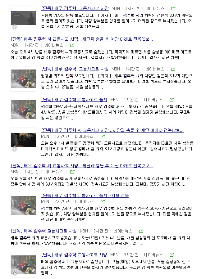 ▲ 김주혁씨 사망 사고 관련 MBN의 '단독' 기사들.