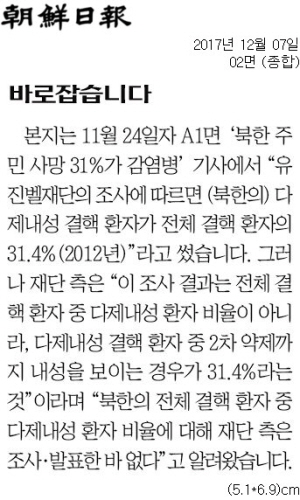 ▲ 조선일보 2017년 12월7일자 2면 바로잡습니다