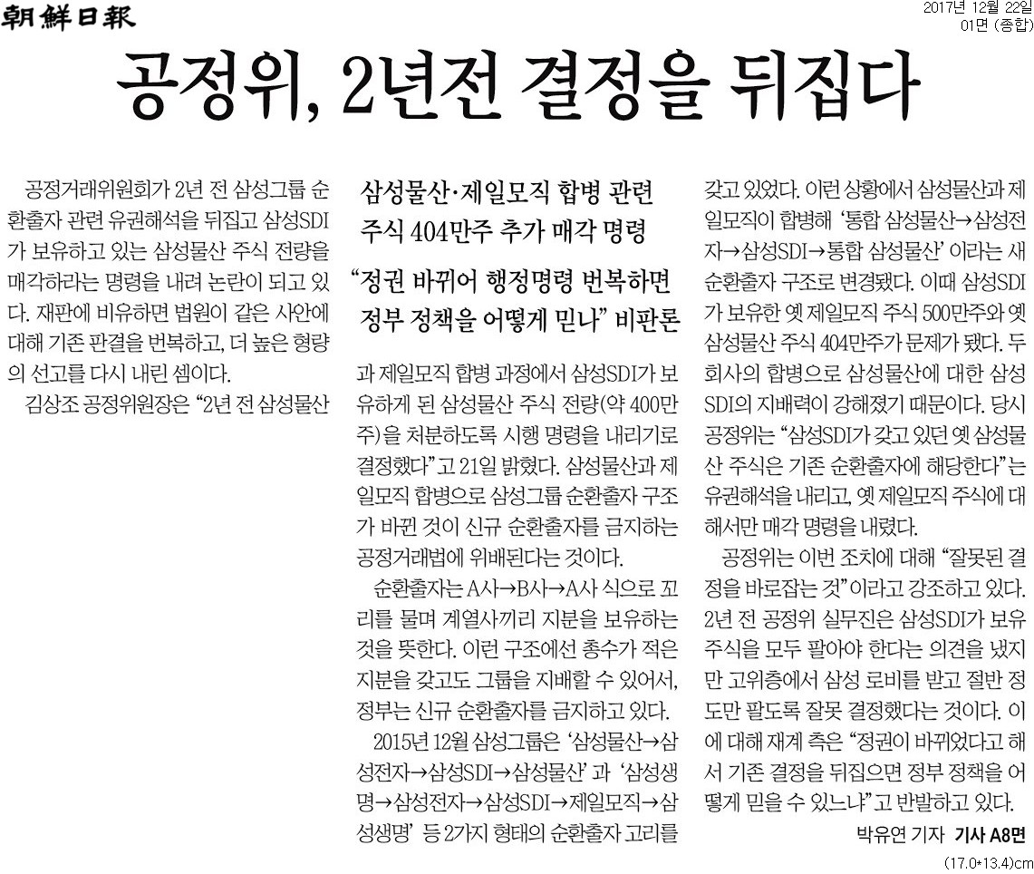 ▲ 22일 조선일보 1면.