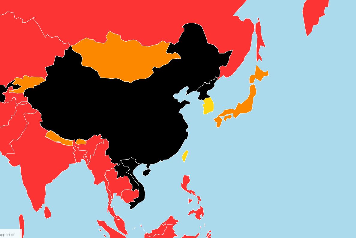 ▲ 국경 없는 기자회가 발표한 2018 언론자유지수를 세계지도로 시각화한 이미지. 색이 진할수록 언론자유가 없는 국가다. 한국은 동아시아 지역에서 대만과 함께 언론자유국가로 분류되었다. ⓒ국경 없는 기자회