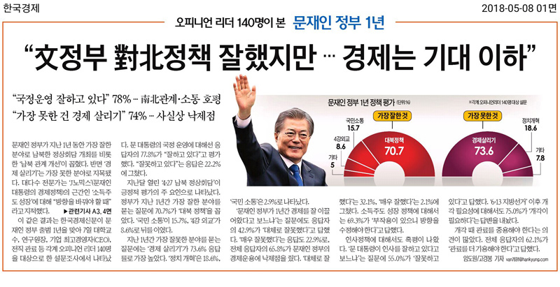 ▲ 문재인 정부 1년을 평가한 한국경제신문 8일자 1면 머리기사