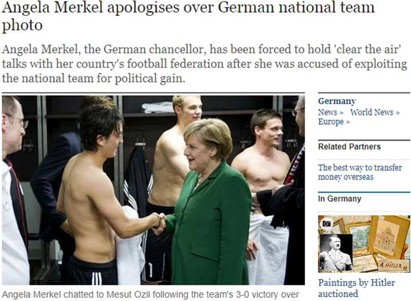 ▲ 앙겔라 메르켈 독일 총리는 2010년 10월 독일과 터키 경기가 끝난 뒤 대표팀 라커룸을 찾아 선수들을 격려했다. 테오 츠반치거 회장은 메르켈 총리가 자신과 상의 없이 불쑥 라커룸을 찾은 것에 불쾌해 했다. 사진=텔레그래프 홈페이지