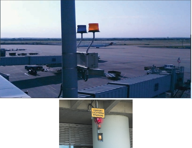 ▲ 항공기 기장, 조업노동자, 공항 관리자 등이 육안으로 확인할 수 있는 낙뢰 경보등. 위는 미국 텍사스 공항이고 아래는 홍콩국제공항 사진.