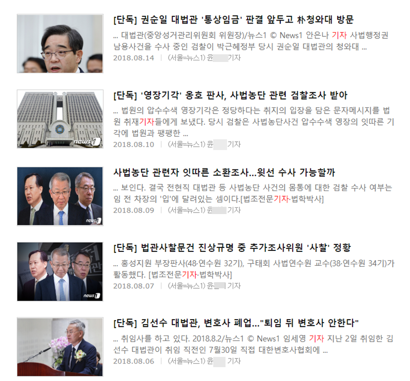 ▲ 뉴스1 윤아무개 기자가 최근 쓴 기사들