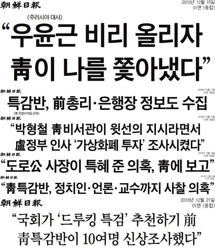 ▲ 지난 15일부터 김태우 수사관 폭로 관련 조선일보 1면 제목 모음.