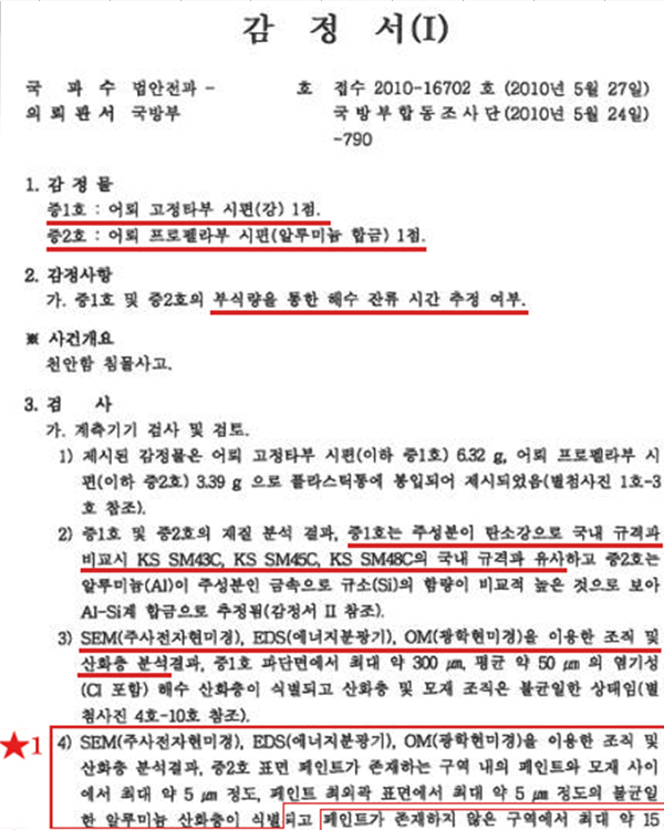 ▲ 국립과학수사연구원이 지난 2010년 7월12일 국방부에 보낸 천안함 어뢰시편 부식상태에 관한 감정서.