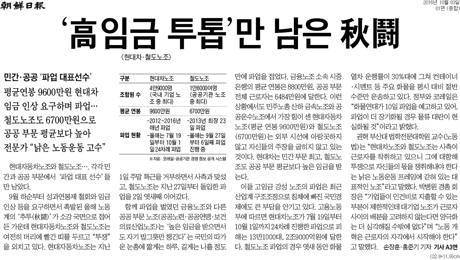 ▲ 2016년 10월3일 조선일보 1면.