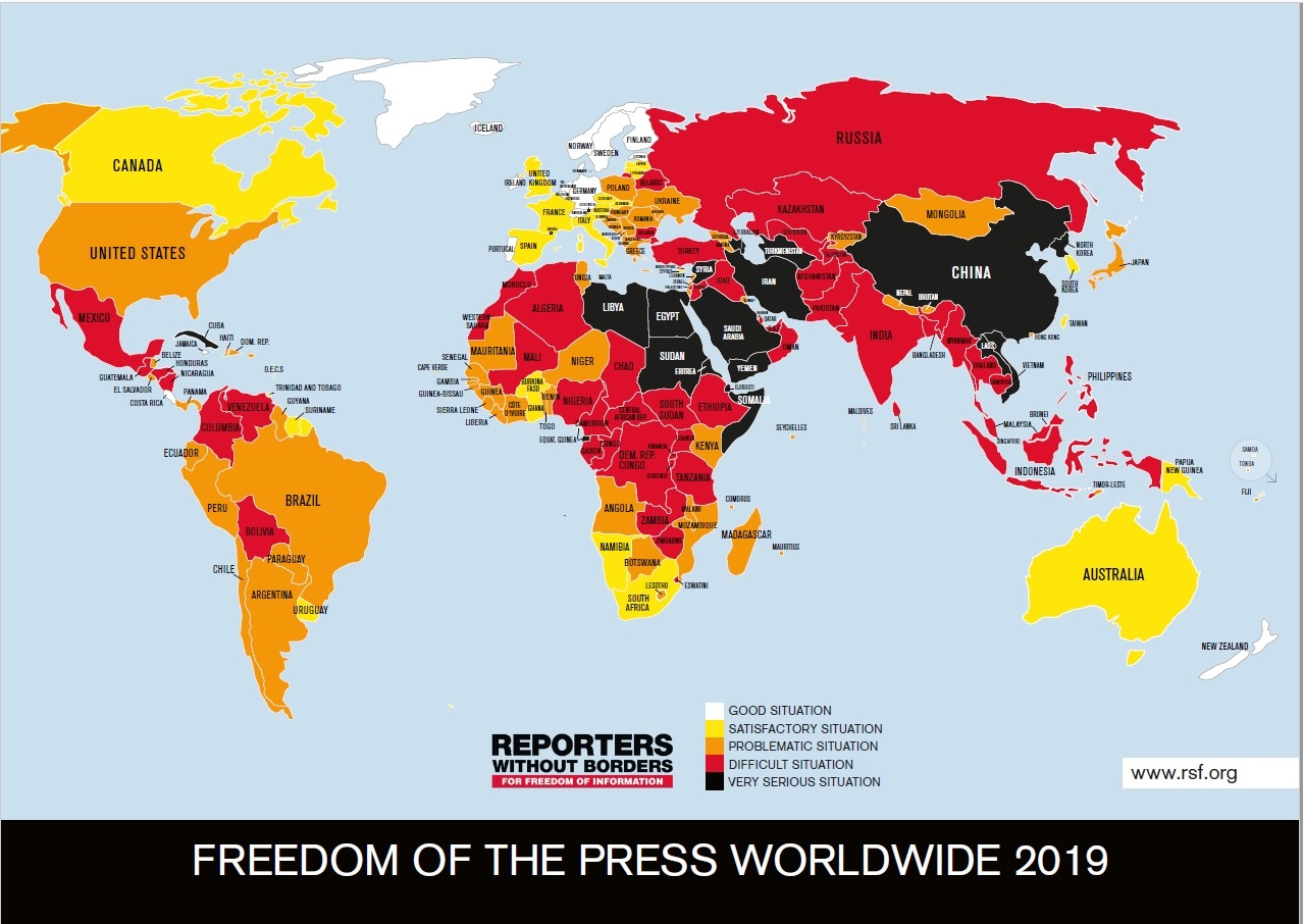 ▲ 세계 언론자유지수. 색이 진할수록 언론자유가 없다. 한국은 아시아 지역에서 대만과 함께 유일한 언론자유 국가다. 언론자유국가로 분류되는 하얀색-노란색 인구는 전 세계의 9%에 불과하다. ⓒ국경없는 기자회