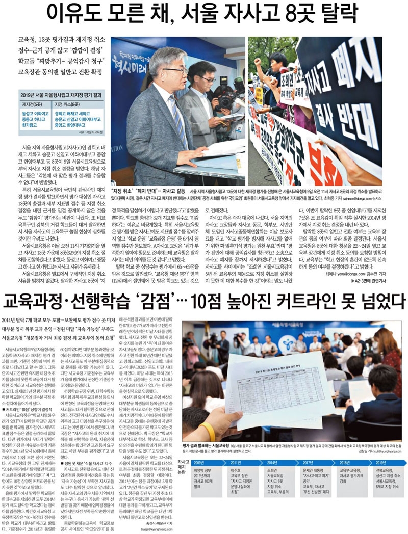 ▲ 10일자 동아일보 1면(위)과 경향신문 3면.