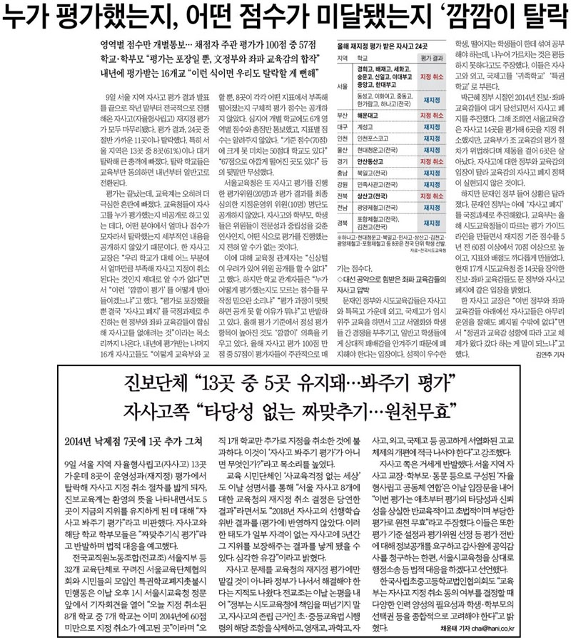 ▲ 10일자 조선일보 3면(위)과 한겨레 4면.