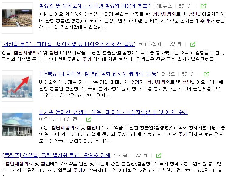▲지난 1일 첨단재생의료법을 다룬 증권 보도들. 네이버 뉴스페이지 갈무리