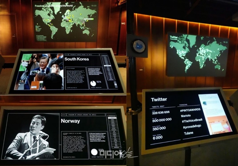 ▲빠이발레흐띠 박물관의 세계 언론자유지도(왼쪽 위, 아래)와 트위터 지도. 사진=김예리 기자