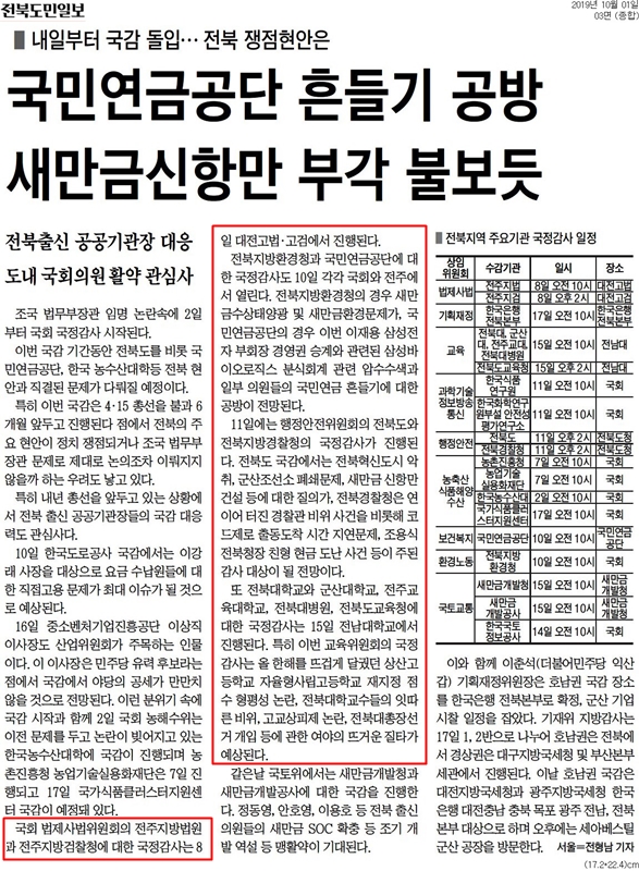 ▲ 지난 1일자 전북도민일보 기사. 빨간박스 부분이 3일전인 9월27일자 전북일보 기사와 같다.