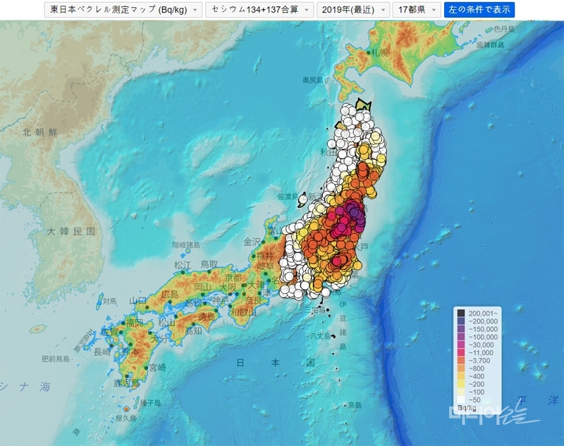 ▲ 일본 시민단체 ‘모두의 데이터 사이트(https://minnanods.net/maps/?pref=prefs17&amp;m2_kg=kg&amp;time=today&amp;sum_137=sum)’에서 공개한 토양 방사선 상황. 사진=모두의 데이터 사이트