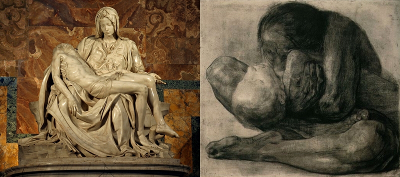 ▲ 미켈란젤로 부오나로티가 조각한 작품 ‘피에타’(왼쪽)와 케테 콜비츠가 그린 ‘죽은 아이를 안은 여인’.