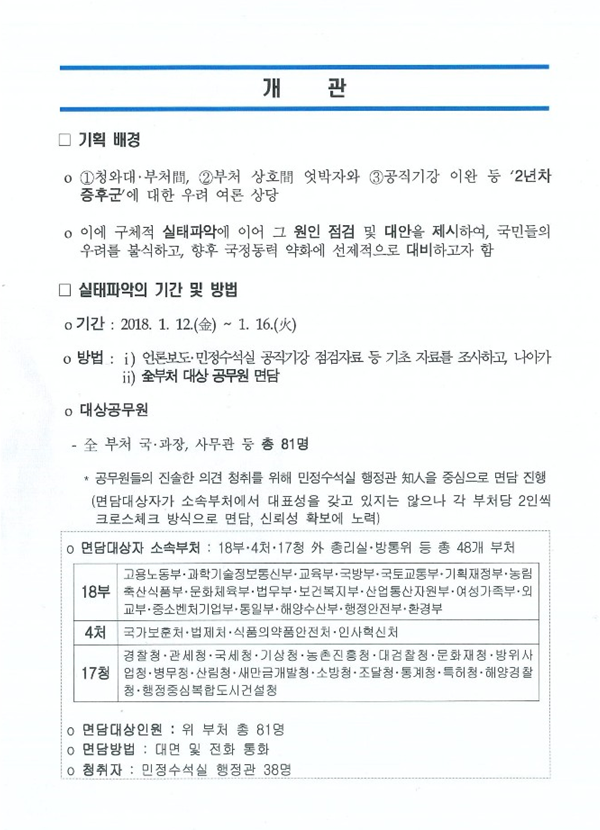 ▲청와대가 4일 공개한 국정 2년차 점검 관련 특별보고 문건. 사진=청와대