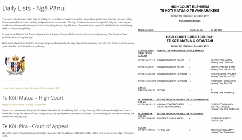 ▲뉴질랜드 법원 홈페이지에 매일 게시되는 주요 법원 일정.