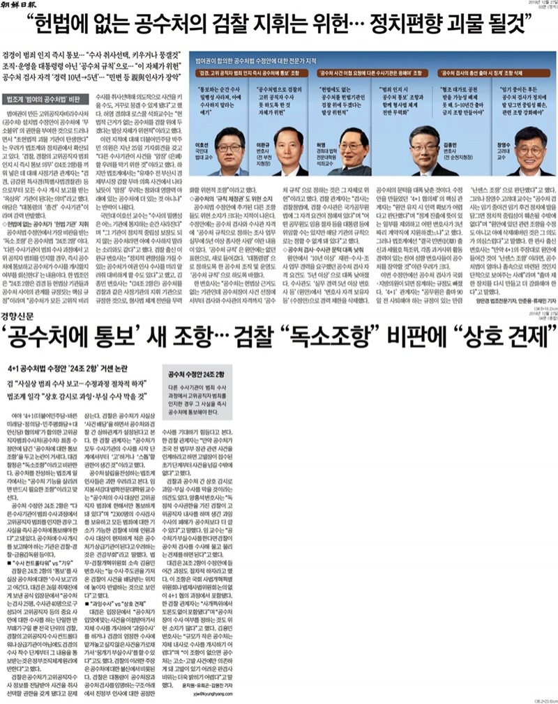 ▲ 공수처법 문제를 다룬 조선일보와 경향신문 기사.