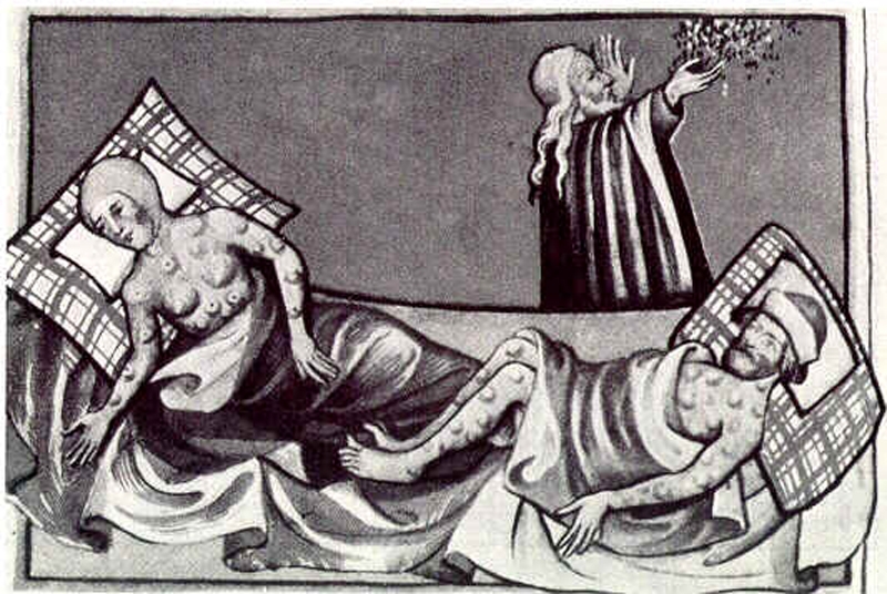 ▲ 1411년 토겐부르크 성서에 그려진 흑사병 환자. 사진=위키백과