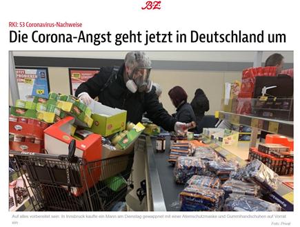 ▲독일 'B.Z' 보도. “독일에 코로나 공포가 돌고 있다”는 제목에 사진 출처는 오스트리아 지역이다. 사진 진위 여부는 알 수 없다. ⓒB.Z.