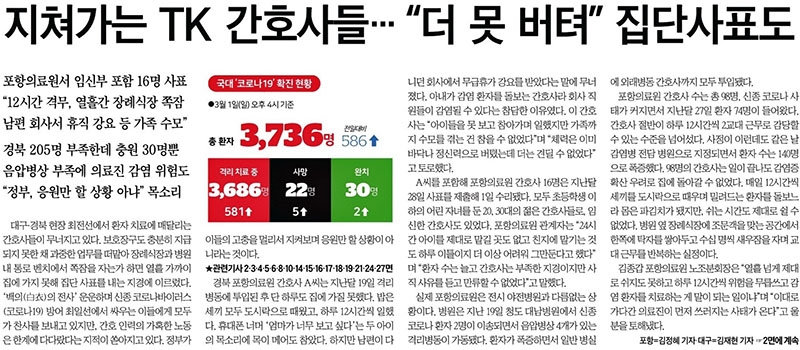 ▲ 2일자 한국일보 1면 머리기사.