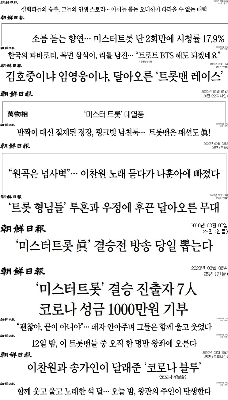 ▲조선일보의 미스터트롯 관련 기사.