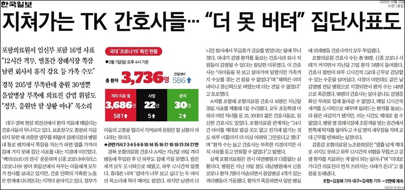 ▲3월2일자 한국일보 1면.