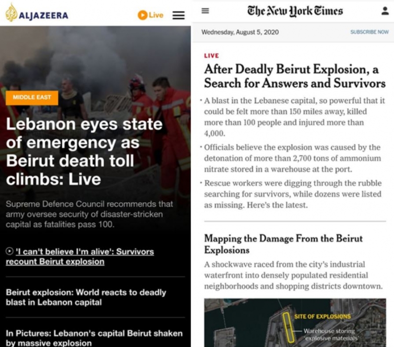 ▲미국 뉴욕타임스와 아랍권 뉴스채널 알자지라는 웹사이트 첫 화면에서 베이루트 폭발 소식을 톱뉴스로 전했다.