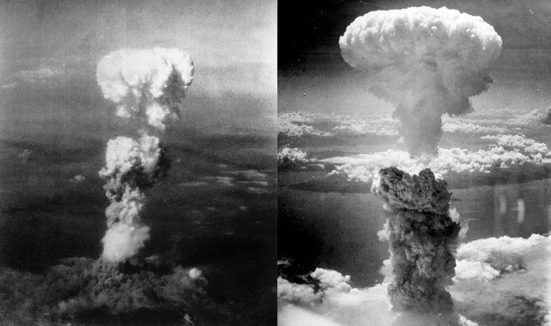 ▲ 왼쪽 사진은 1945년 8월6일 일본 히로시마에서 폭발한 원자폭탄 ‘리틀 보이(Little Boy)’의 버섯구름, 오른쪽 사진은 1945년 8월 9일 일본 나가사키에서 폭발한 원자폭탄 ‘팻 맨(Fat Man)’의 버섯구름. 사진=나무위키