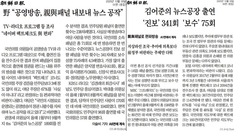 ▲ 8일 조선일보 1면, 6면 기사.