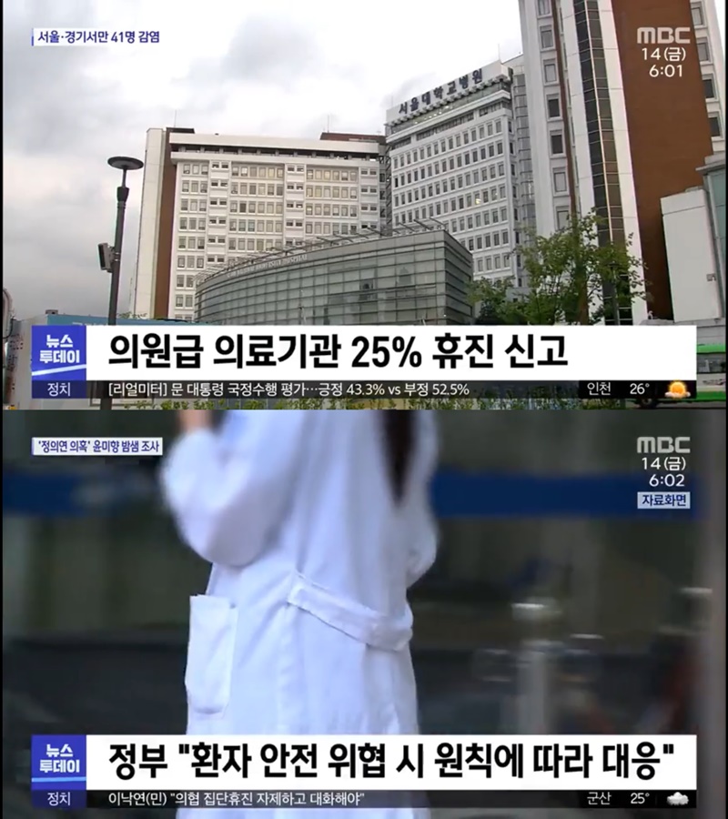 ▲MBC ‘뉴스데스크’가 지난 8월14일 보도한 “오늘 의료계 총파업…이 시각 서울대병원” 제목의 리포트. 사진=MBC 보도화면 갈무리.