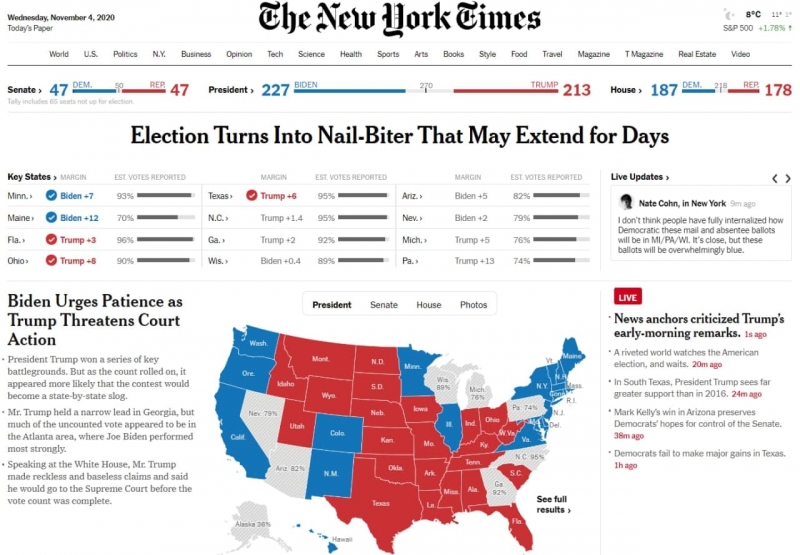 ▲뉴욕타임스는 첫 페이지 상단에 “선거가 며칠 동안 이어질 수도 있는 손에 땀을 쥐는 국면이 됐다”고 표제를 달았다.