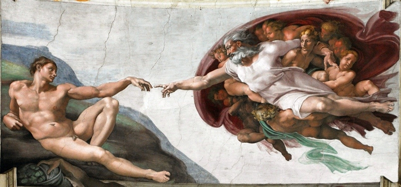 ▲ 미켈란젤로가 시스티나 성당 천장에 그린 벽화 중 하나인 '천지창조' 미켈란젤로는 교황 율리우스 2세 명을 받고 예배당 천장에 창세기의 아홉장면을 그렸다.