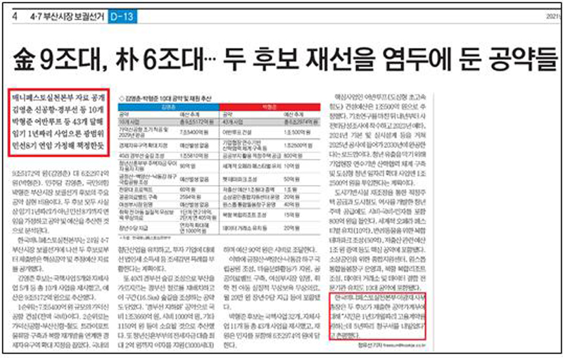 ▲ 3월25일 국제신문 4면, 김영춘·박형준 후보 주요 공약검증 기사