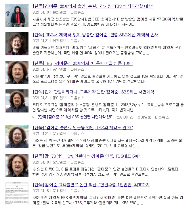 ▲ 주요언론의 김어준씨 계약서 관련 단독 보도 내역
