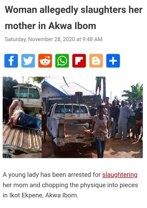 ▲ 지난해 11월 나이지리아 모친 살해사건을 다룬 기사. '가나 인육 케밥 사건'과 사진이 동일하다