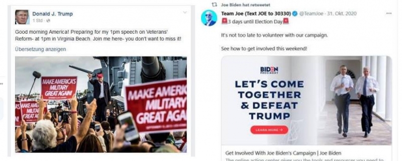 ▲트럼프 전 미국 대통령의 트럼프 이용 사례(왼쪽)와 조 바이든 미국 대통령의 트위터 이용 사례(오른쪽). 사진출처=한국방송학회.