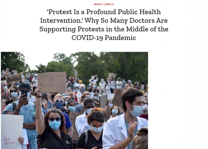 ▲'타임'의 지난 6월10일 보도 ‘코로나19 감염병 한가운데 많은 의사들이 시위를 지원하는 이유’ 갈무리