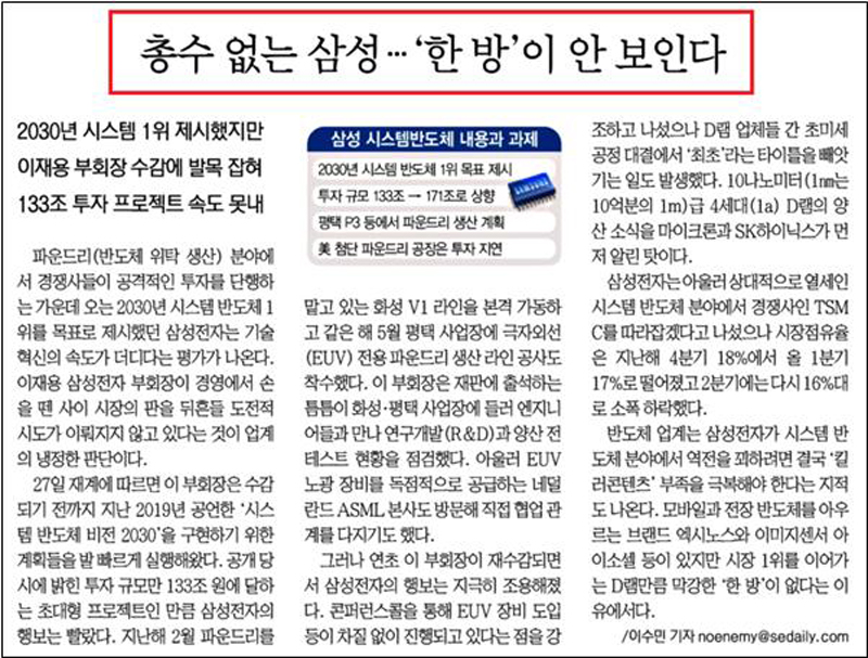 ▲ 이재용 부회장 부재로 삼성이 위기를 겪고 있다고 주장한 서울경제 (7월28일)