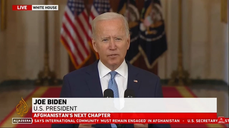 ▲조 바이든 미국 대통령이 31일(현지시간) 백악관에서 아프간 철군과 그 시한의 정당성을 강조하는 연설을 하고 있다. 알자지라 유튜브 캡쳐