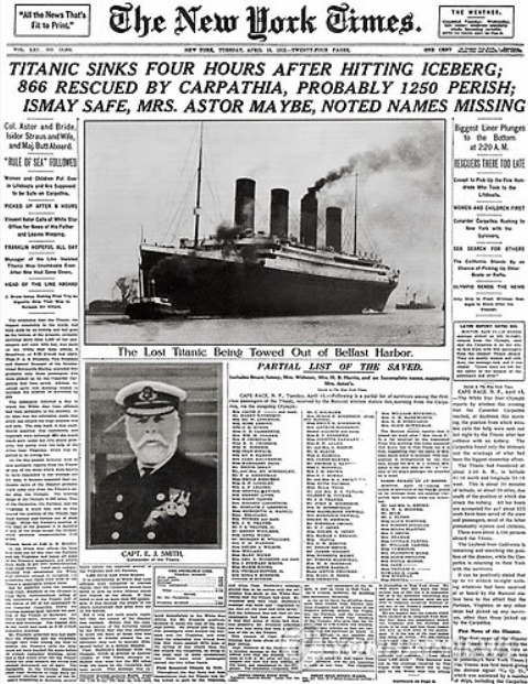 ▲1912년 타이타닉 침몰 사건을 보도한 뉴욕타임스.