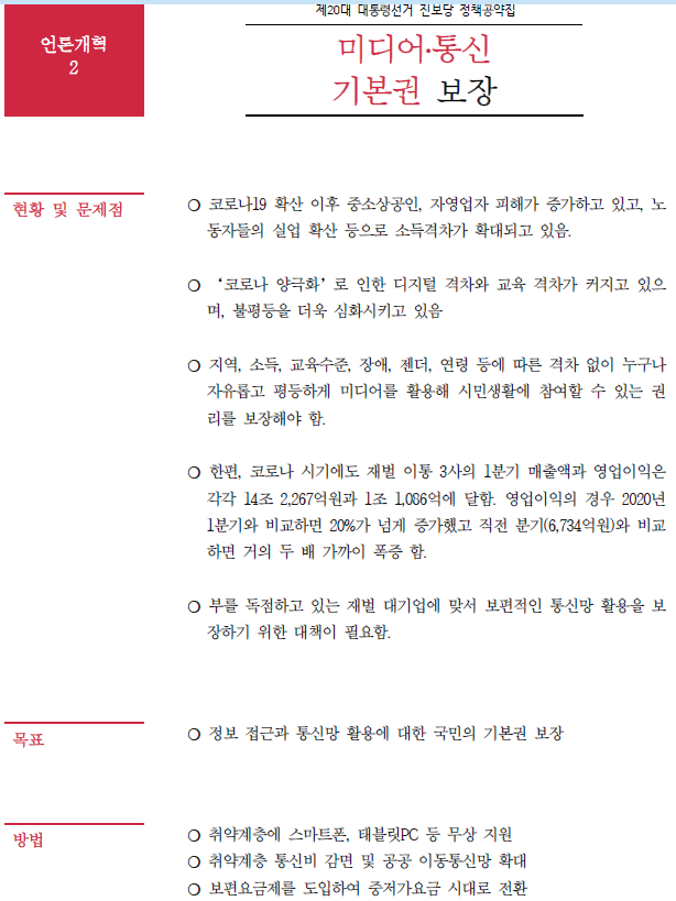 ▲ 진보당 대선공약집 언론개혁 부분