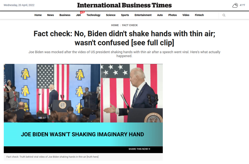 ▲ 4월15일, 조 바이든 미국 대통령 손짓을 팩트체크한 International Business Times