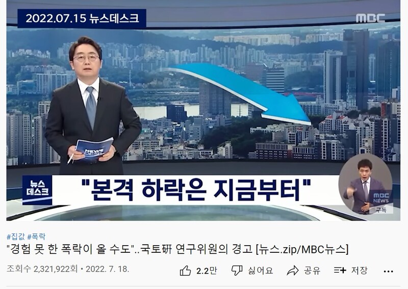 ▲집값 폭락을 다룬 뉴스를 여러개 묶은 '뉴스ZIP'도 230만 조회수를 올렸다. 사진출처=MBC뉴스. 