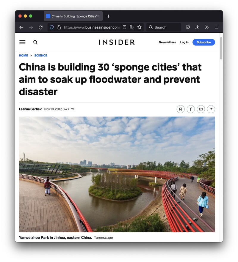 ▲ China is building 30 'sponge cities' that aim to soak up floodwater and prevent disaster. Business Insider, 2017년 11월10일.